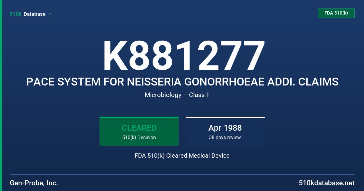 K881277 PACE SYSTEM FOR NEISSERIA GONORRHOEAE ADDI. CLAIMS FDA 510(k) Cleared Medical Device