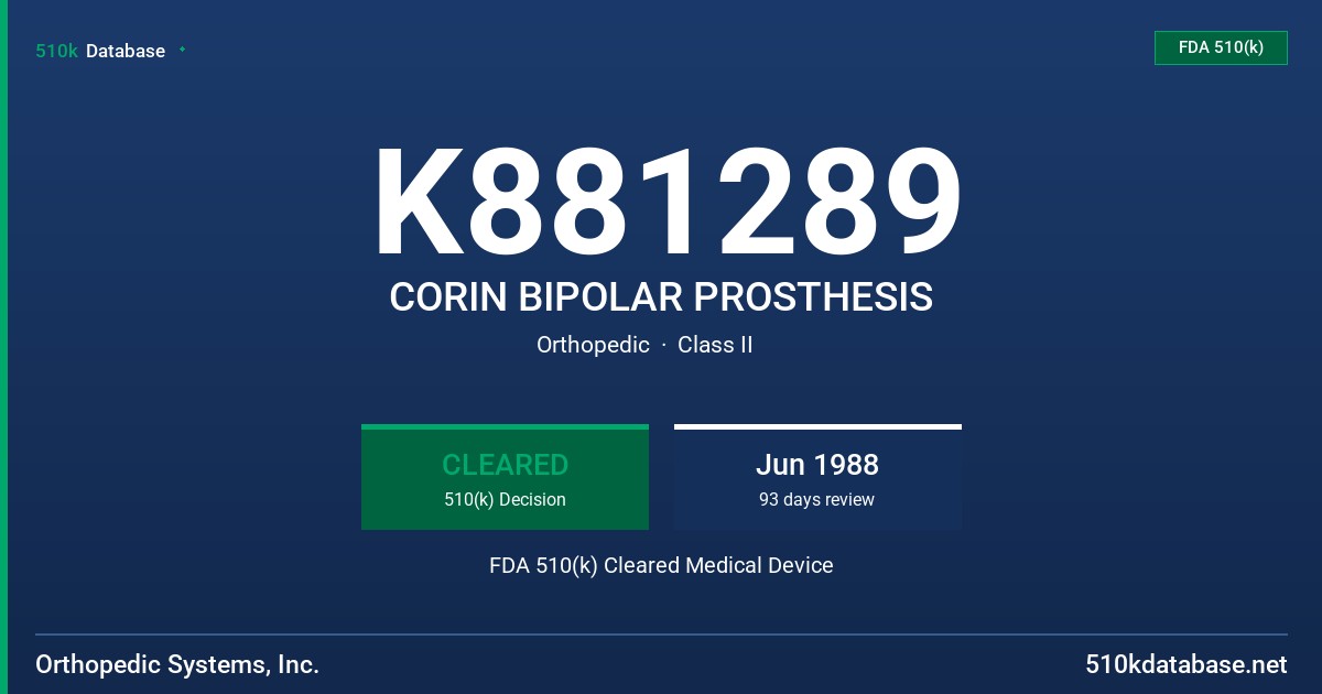 K881289 CORIN BIPOLAR PROSTHESIS FDA 510(k) Cleared Medical Device