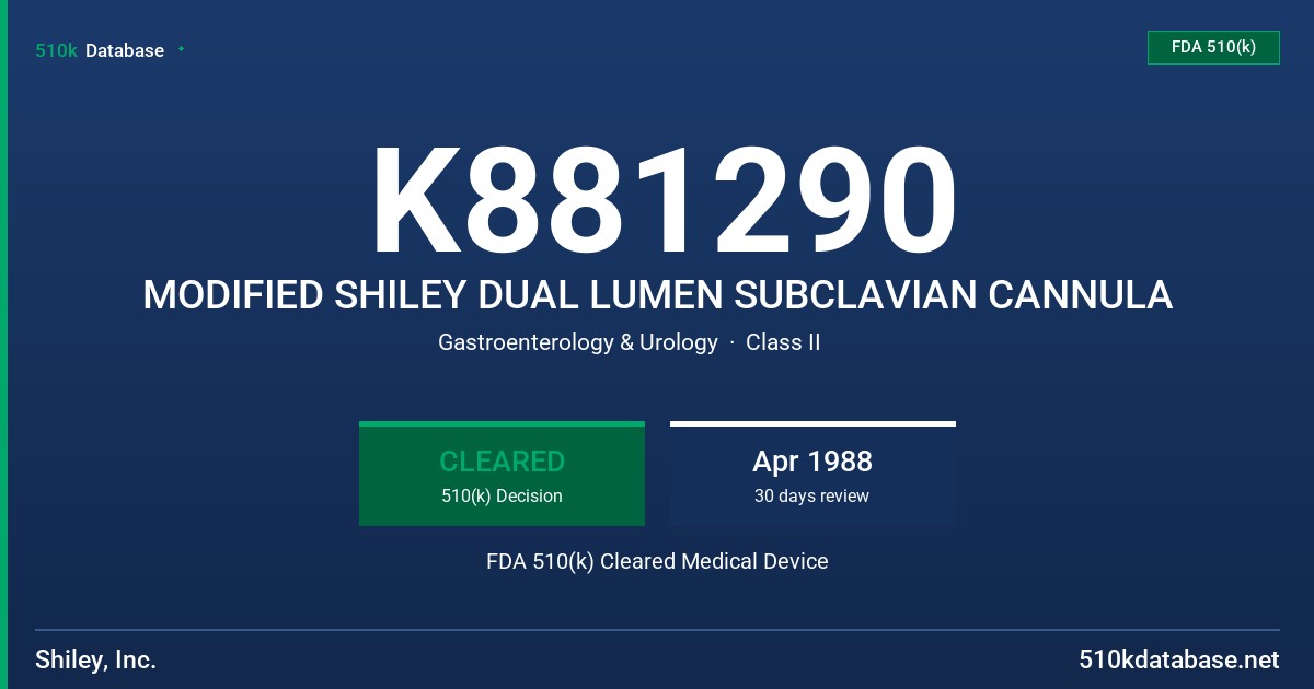 K881290 MODIFIED SHILEY DUAL LUMEN SUBCLAVIAN CANNULA FDA 510(k) Cleared Medical Device