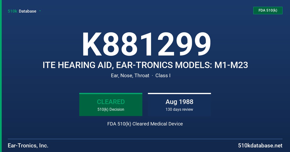 K881299 ITE HEARING AID, EAR-TRONICS MODELS: M1-M23 FDA 510(k) Cleared Medical Device