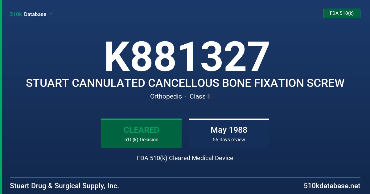 K881327 STUART CANNULATED CANCELLOUS BONE FIXATION SCREW FDA 510(k) Cleared Medical Device