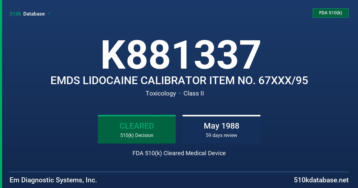 K881337 EMDS LIDOCAINE CALIBRATOR ITEM NO. 67XXX/95 FDA 510(k) Cleared Medical Device