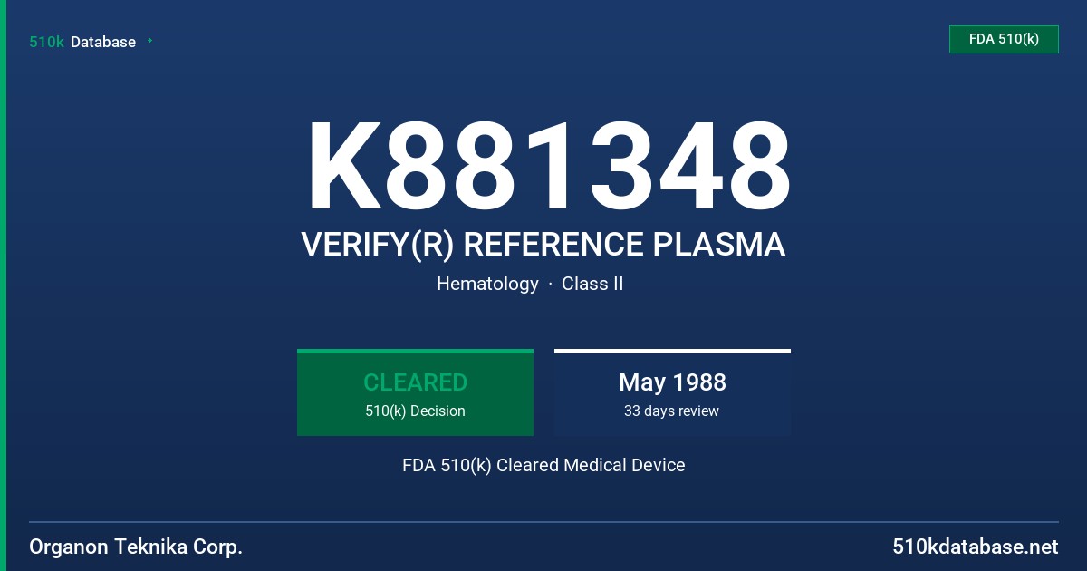 K881348 VERIFY(R) REFERENCE PLASMA FDA 510(k) Cleared Medical Device