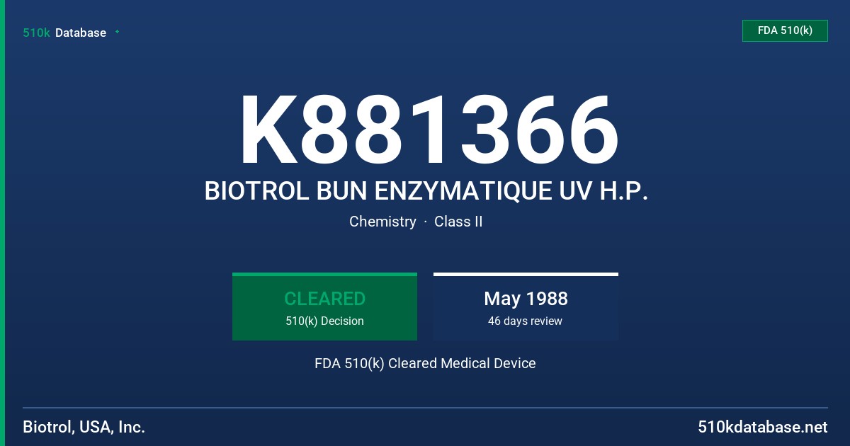 K881366 BIOTROL BUN ENZYMATIQUE UV H.P. FDA 510(k) Cleared Medical Device