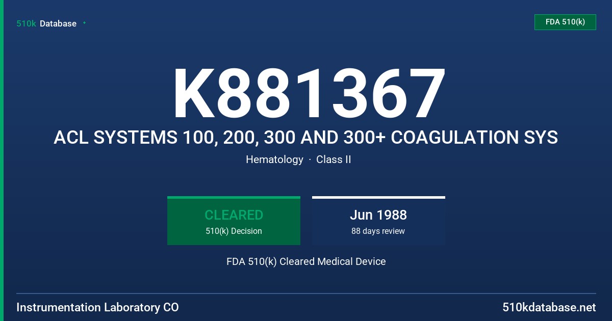 K881367 ACL SYSTEMS 100, 200, 300 AND 300+ COAGULATION SYS FDA 510(k) Cleared Medical Device