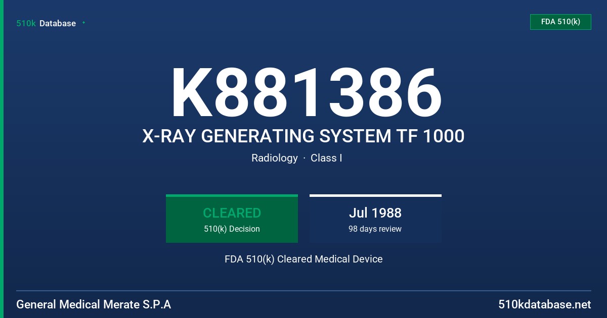 K881386 X-RAY GENERATING SYSTEM TF 1000 FDA 510(k) Cleared Medical Device