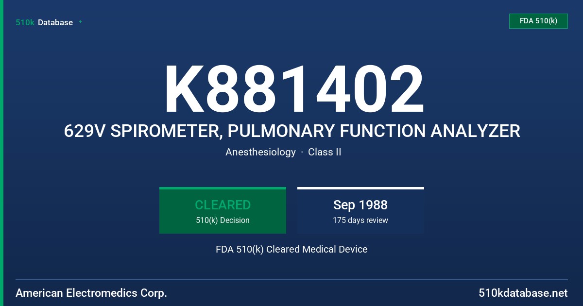K881402 629V SPIROMETER, PULMONARY FUNCTION ANALYZER FDA 510(k) Cleared Medical Device