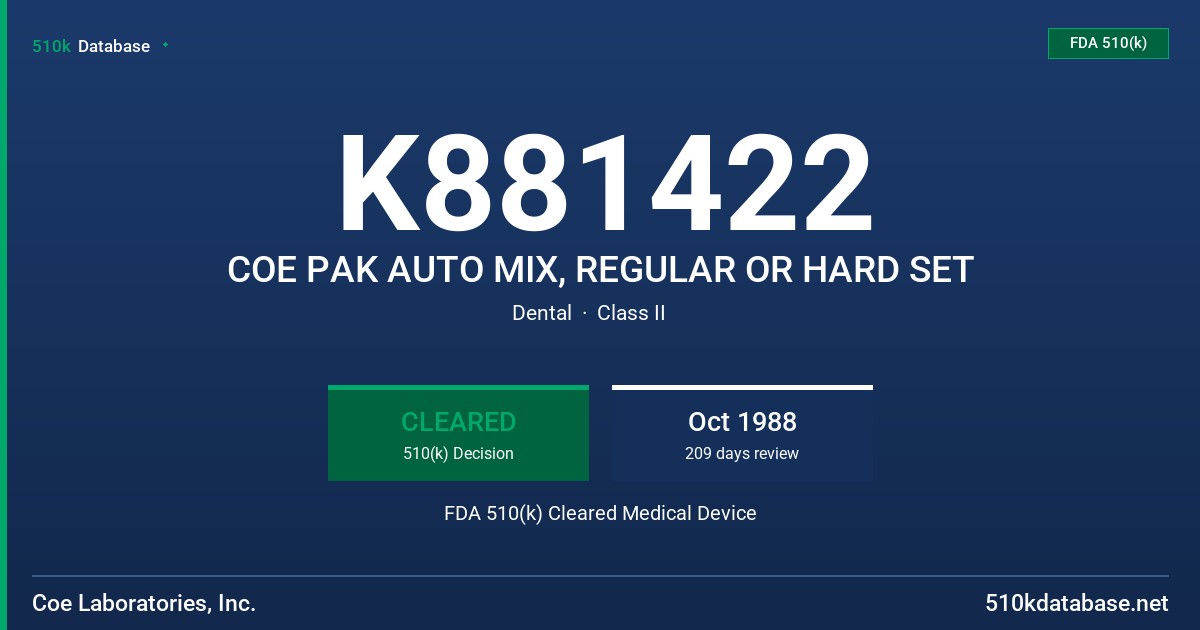 K881422 COE PAK AUTO MIX, REGULAR OR HARD SET FDA 510(k) Cleared Medical Device