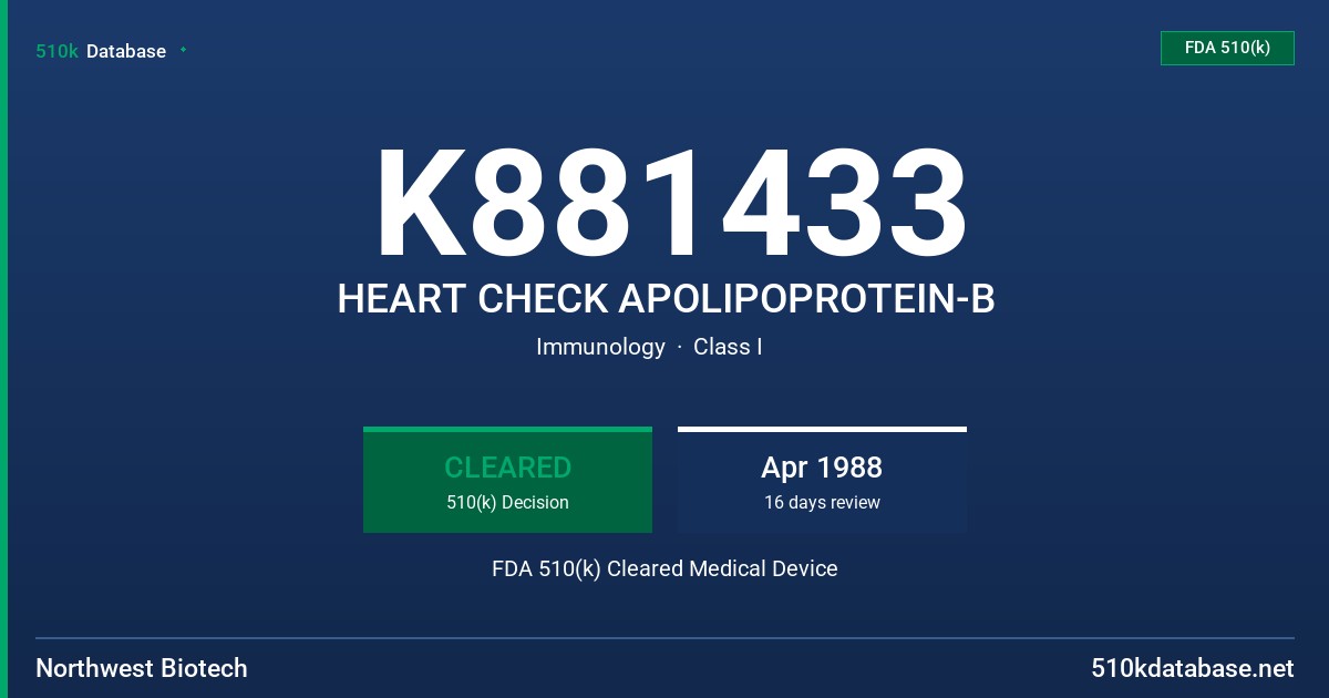 K881433 HEART CHECK APOLIPOPROTEIN-B FDA 510(k) Cleared Medical Device