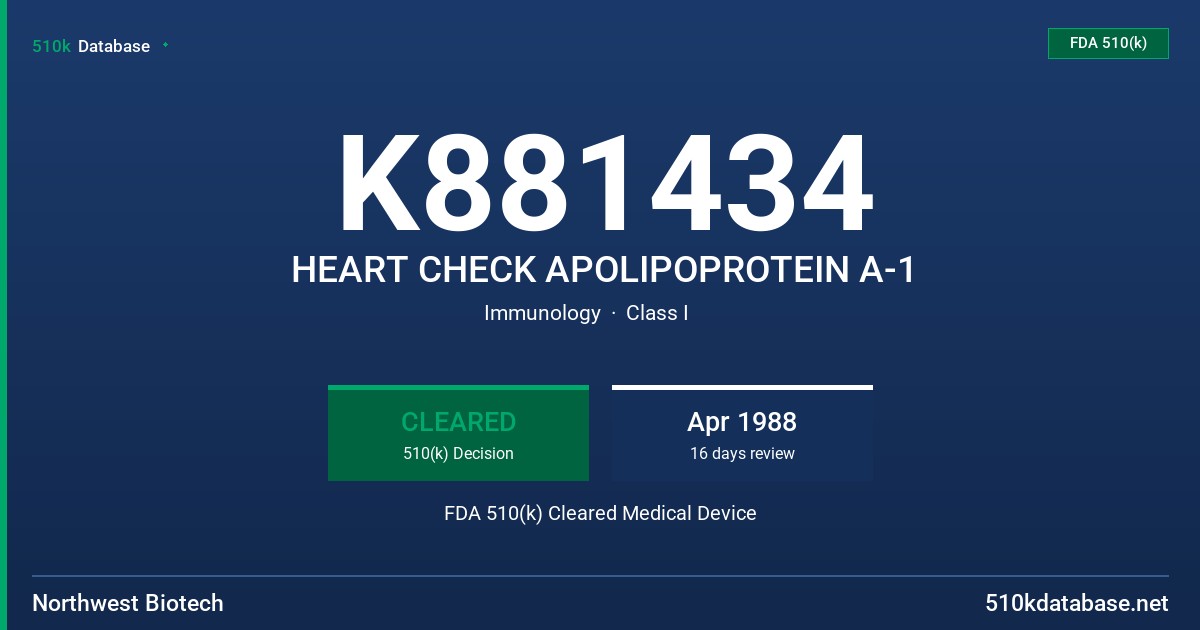 K881434 HEART CHECK APOLIPOPROTEIN A-1 FDA 510(k) Cleared Medical Device