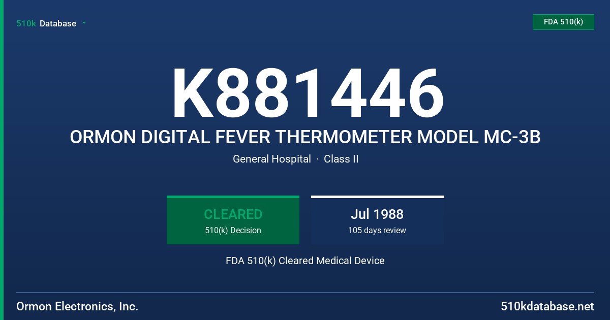 K881446 ORMON DIGITAL FEVER THERMOMETER MODEL MC-3B FDA 510(k) Cleared Medical Device