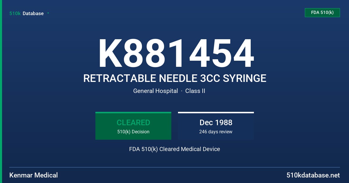 K881454 RETRACTABLE NEEDLE 3CC SYRINGE FDA 510(k) Cleared Medical Device