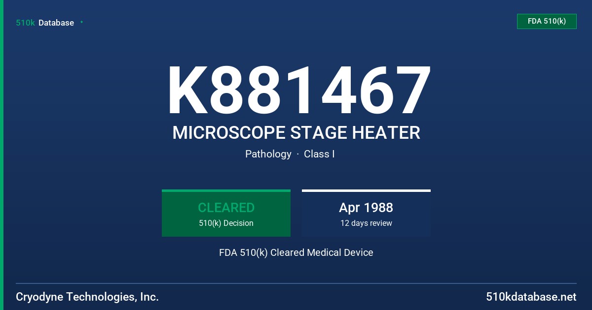 K881467 MICROSCOPE STAGE HEATER FDA 510(k) Cleared Medical Device