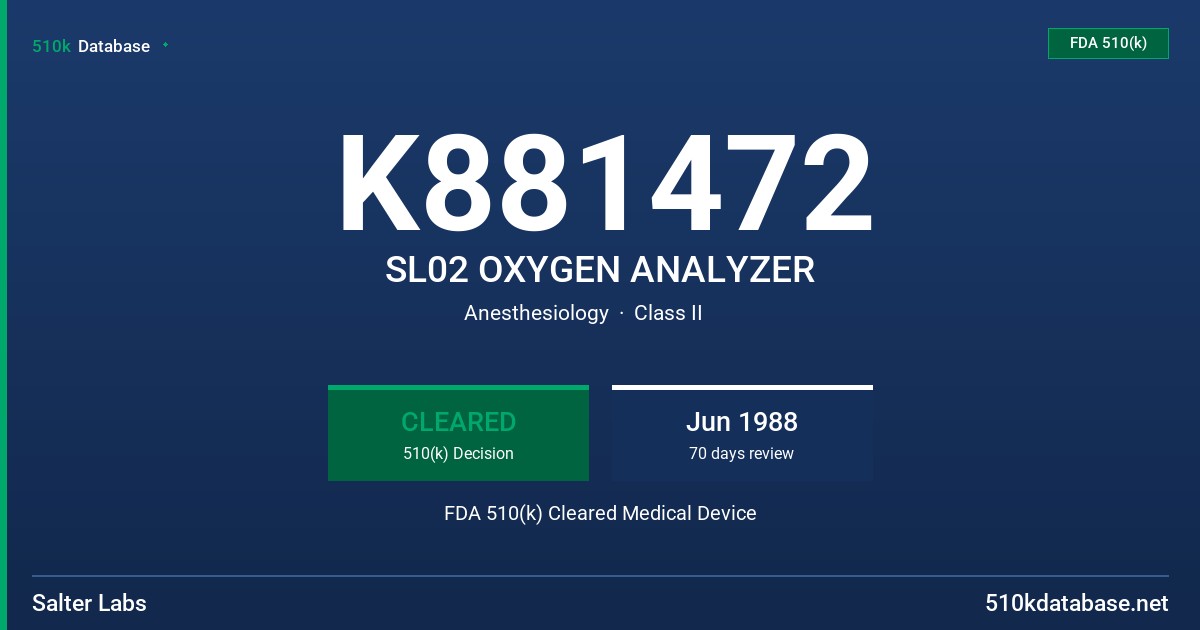 K881472 SL02 OXYGEN ANALYZER FDA 510(k) Cleared Medical Device