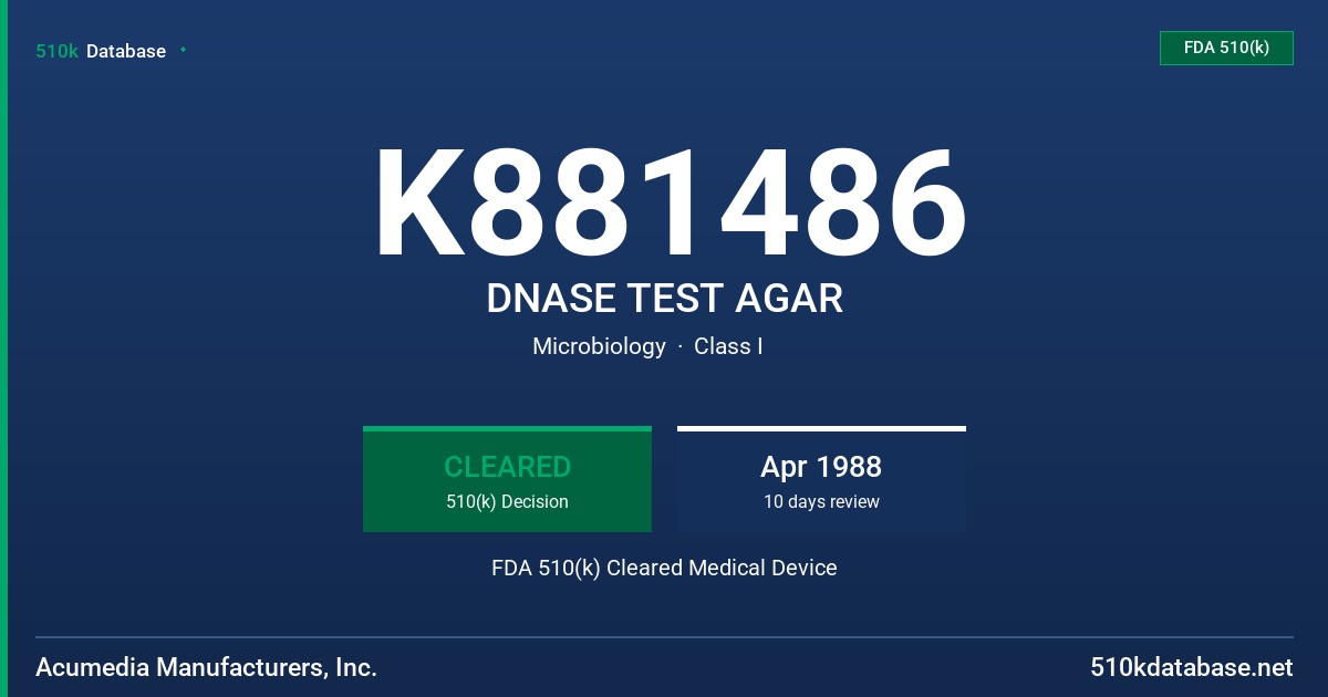 K881486 DNASE TEST AGAR FDA 510(k) Cleared Medical Device
