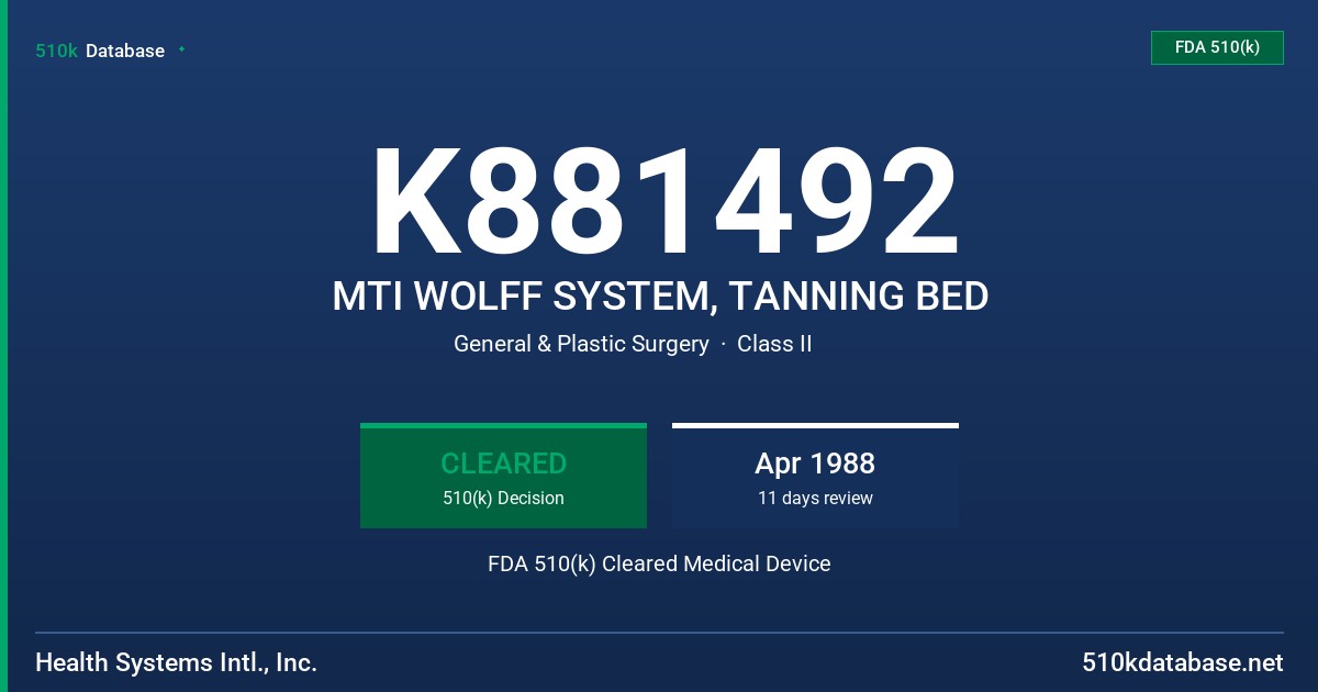 K881492 MTI WOLFF SYSTEM, TANNING BED FDA 510(k) Cleared Medical Device