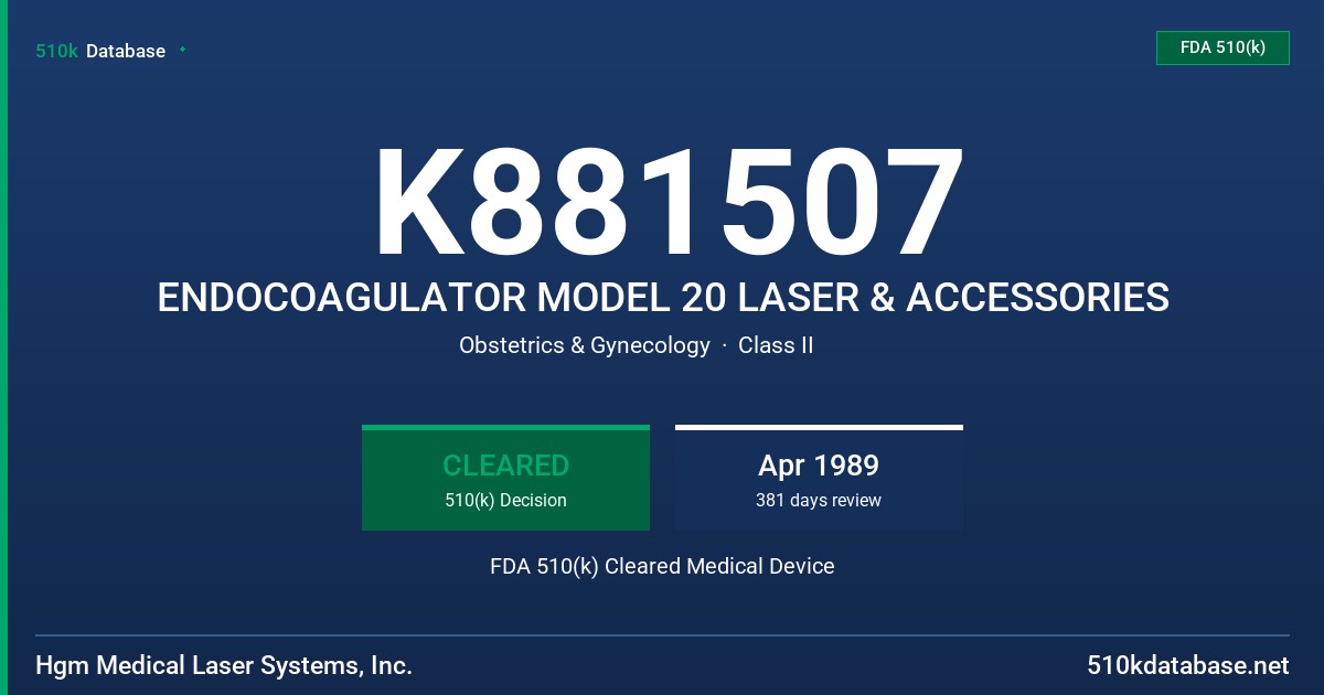 K881507 ENDOCOAGULATOR MODEL 20 LASER & ACCESSORIES FDA 510(k) Cleared Medical Device