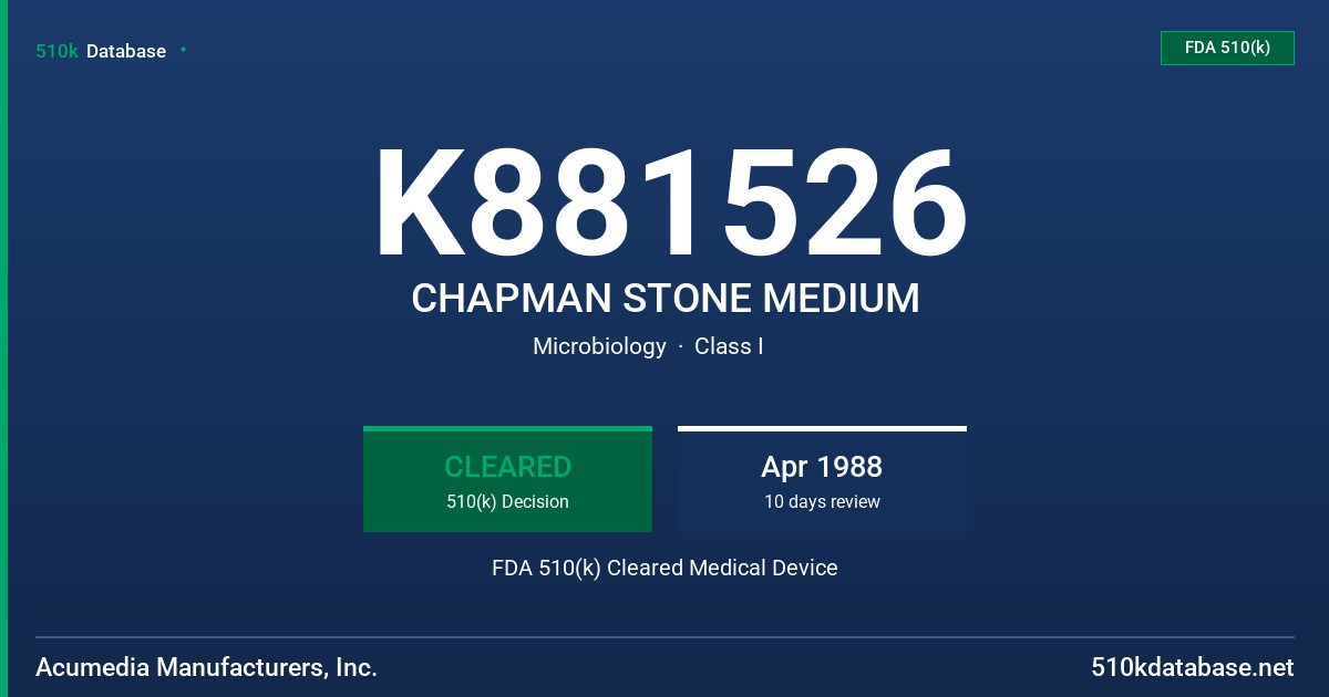 K881526 CHAPMAN STONE MEDIUM FDA 510(k) Cleared Medical Device