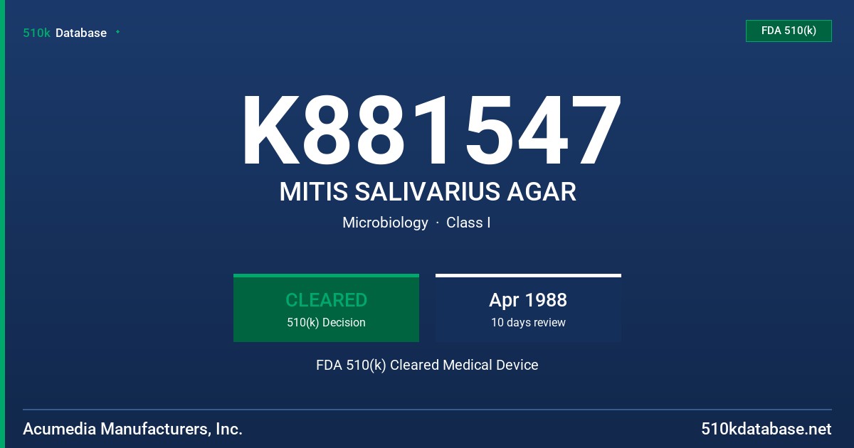 K881547 MITIS SALIVARIUS AGAR FDA 510(k) Cleared Medical Device