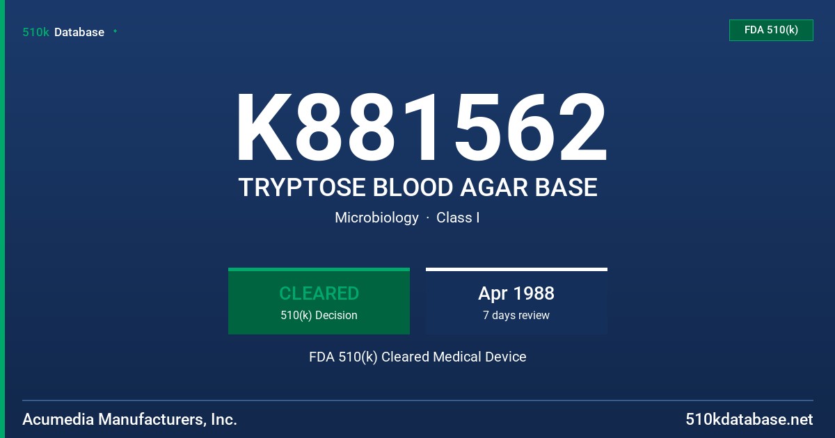 K881562 TRYPTOSE BLOOD AGAR BASE FDA 510(k) Cleared Medical Device