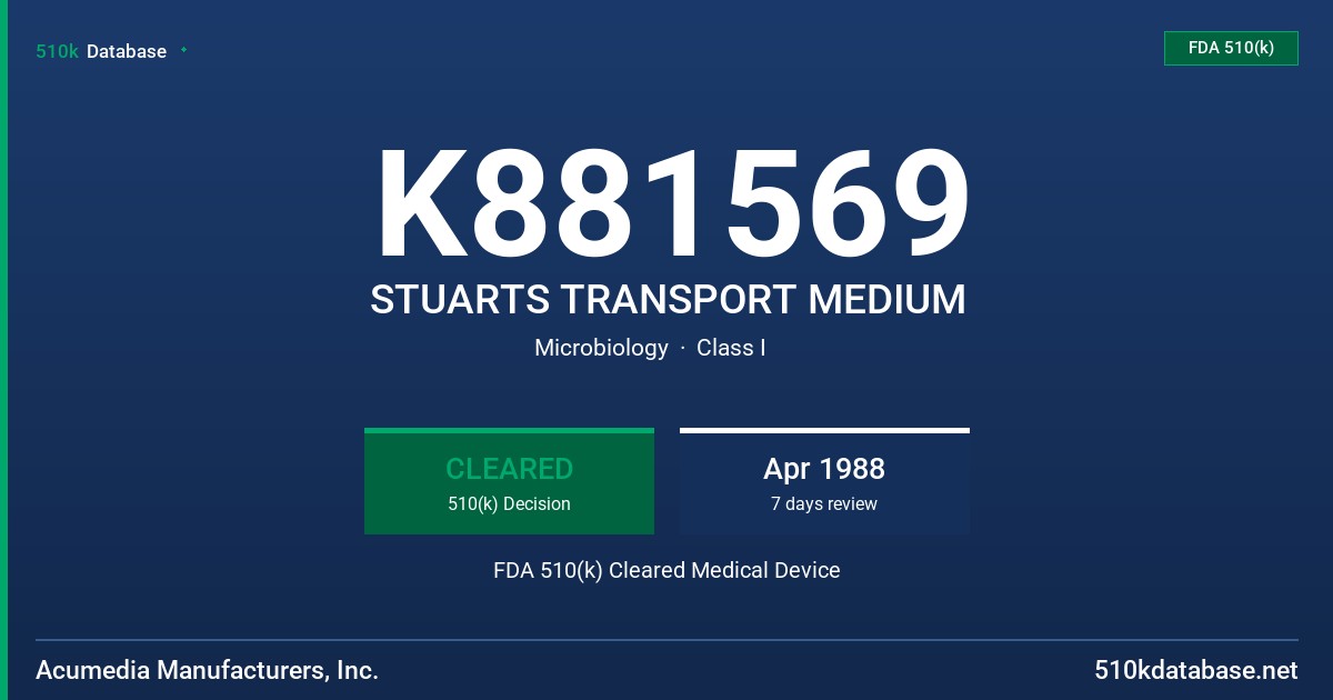 K881569 STUARTS TRANSPORT MEDIUM FDA 510(k) Cleared Medical Device