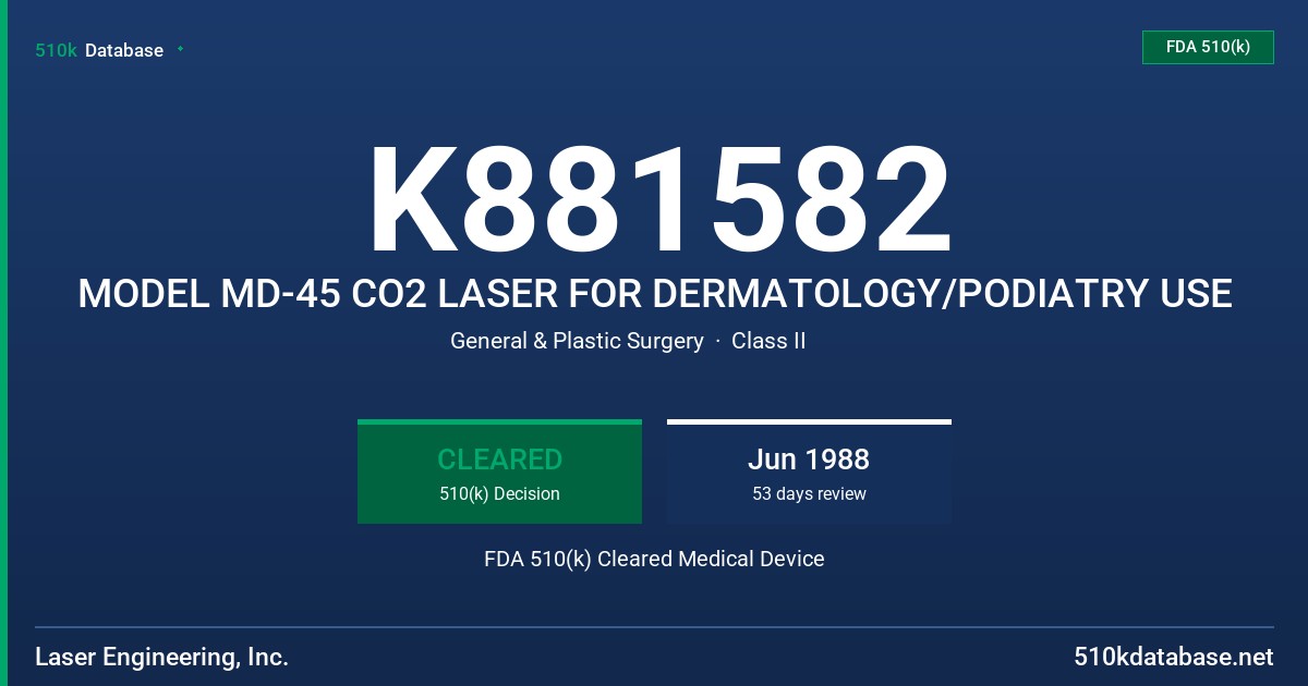 K881582 MODEL MD-45 CO2 LASER FOR DERMATOLOGY/PODIATRY USE FDA 510(k) Cleared Medical Device