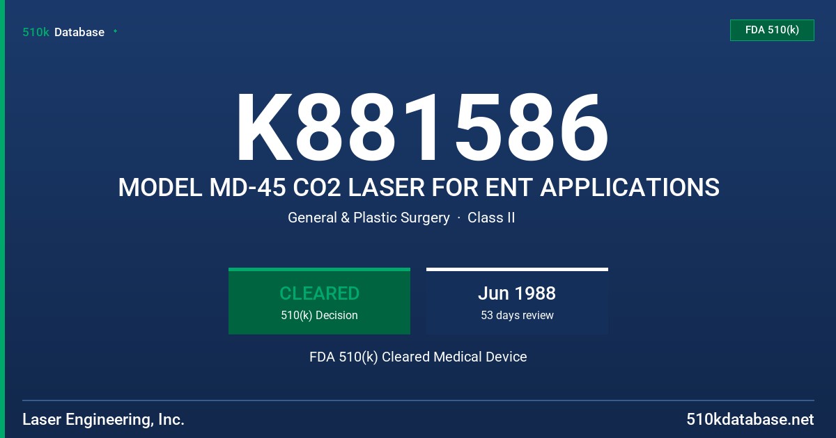 K881586 MODEL MD-45 CO2 LASER FOR ENT APPLICATIONS FDA 510(k) Cleared Medical Device