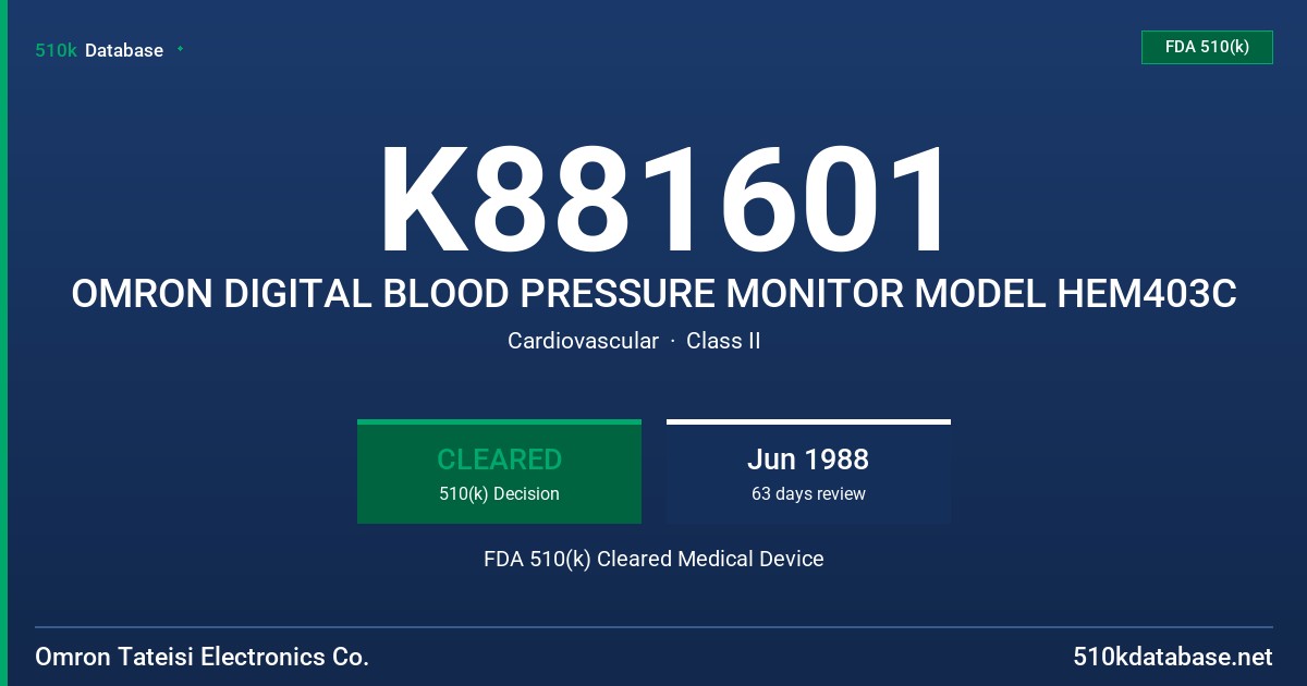 K881601 OMRON DIGITAL BLOOD PRESSURE MONITOR MODEL HEM403C FDA 510(k) Cleared Medical Device
