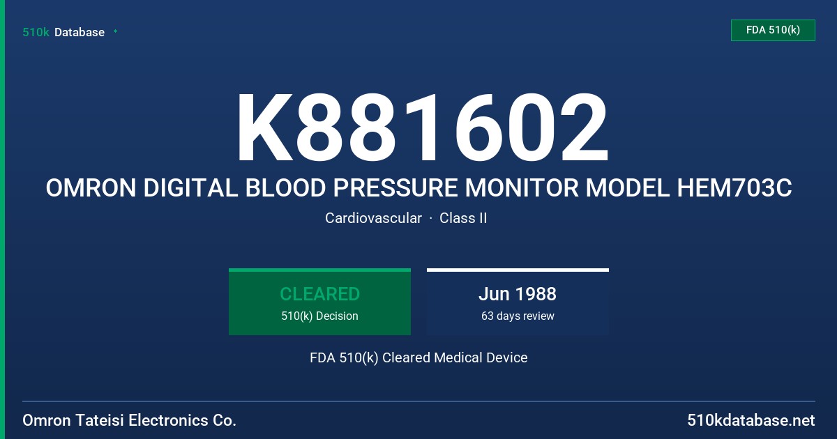 K881602 OMRON DIGITAL BLOOD PRESSURE MONITOR MODEL HEM703C FDA 510(k) Cleared Medical Device