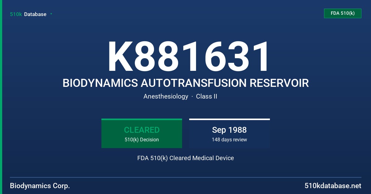 K881631 BIODYNAMICS AUTOTRANSFUSION RESERVOIR FDA 510(k) Cleared Medical Device