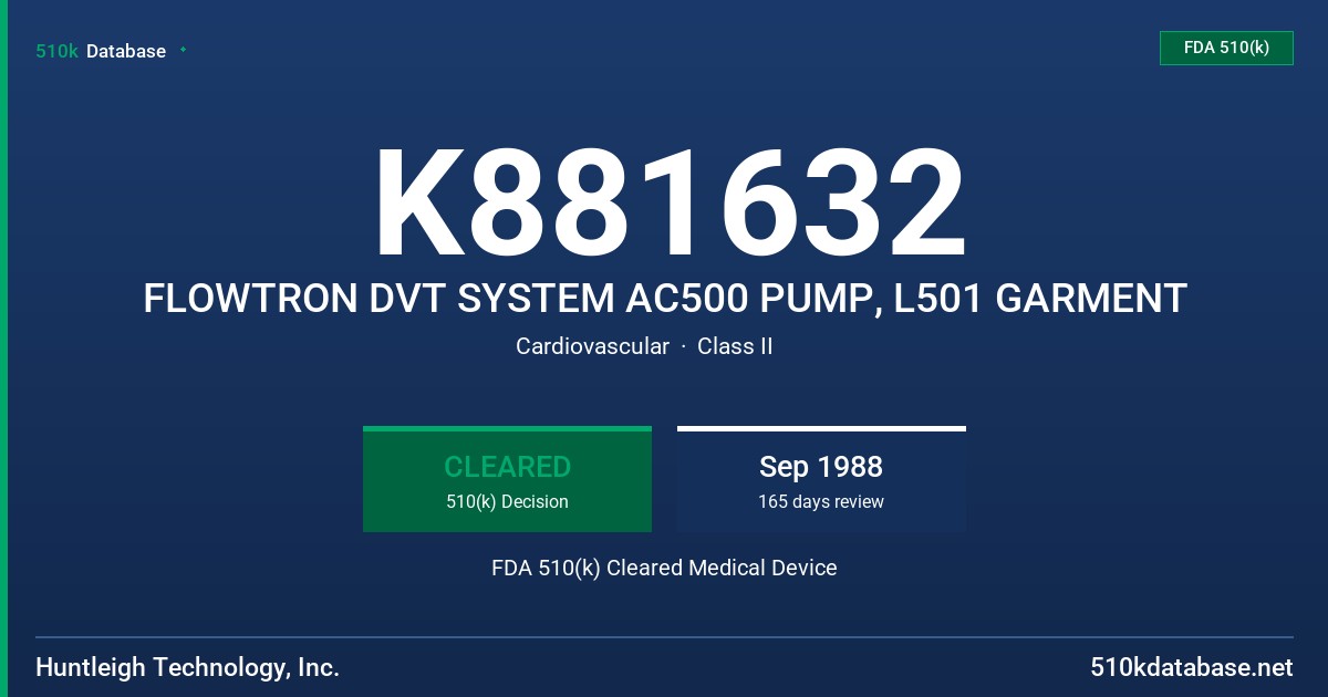 K881632 FLOWTRON DVT SYSTEM AC500 PUMP, L501 GARMENT FDA 510(k) Cleared Medical Device