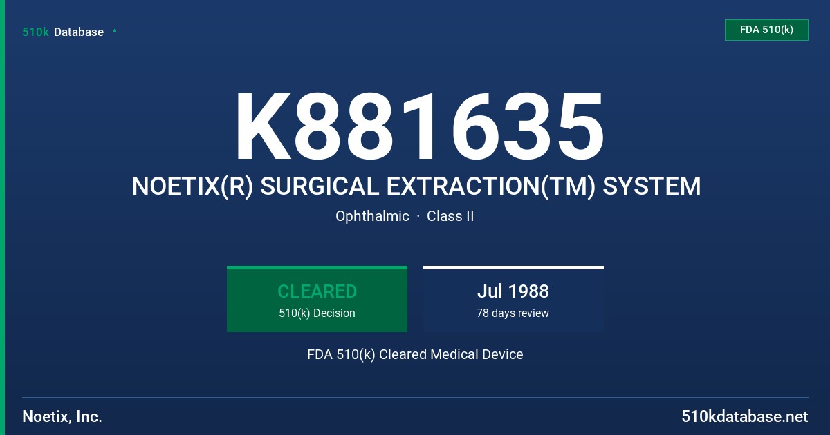 K881635 NOETIX(R) SURGICAL EXTRACTION(TM) SYSTEM FDA 510(k) Cleared Medical Device