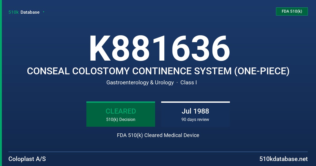 K881636 CONSEAL COLOSTOMY CONTINENCE SYSTEM (ONE-PIECE) FDA 510(k) Cleared Medical Device