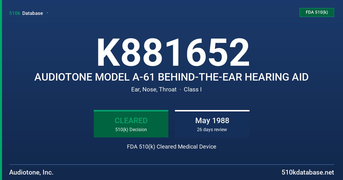 K881652 AUDIOTONE MODEL A-61 BEHIND-THE-EAR HEARING AID FDA 510(k) Cleared Medical Device