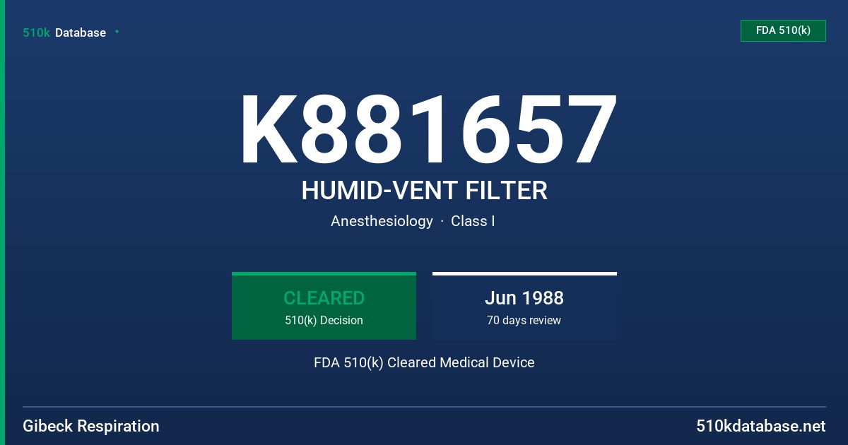K881657 HUMID-VENT FILTER FDA 510(k) Cleared Medical Device