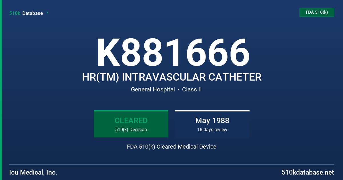 K881666 HR(TM) INTRAVASCULAR CATHETER FDA 510(k) Cleared Medical Device