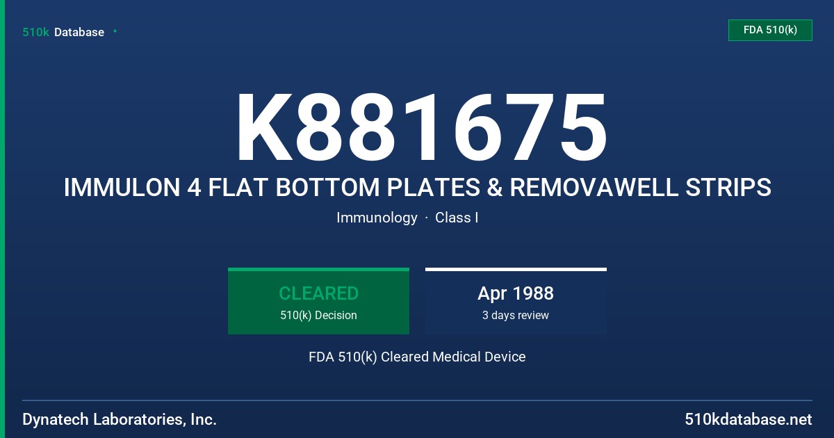 K881675 IMMULON 4 FLAT BOTTOM PLATES & REMOVAWELL STRIPS FDA 510(k) Cleared Medical Device
