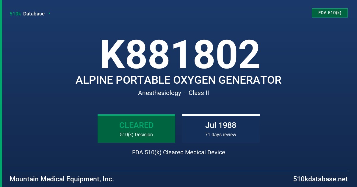 K881802 ALPINE PORTABLE OXYGEN GENERATOR FDA 510(k) Cleared Medical Device