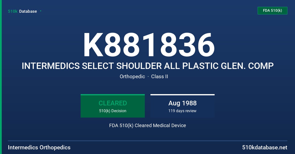 K881836 INTERMEDICS SELECT SHOULDER ALL PLASTIC GLEN. COMP FDA 510(k) Cleared Medical Device