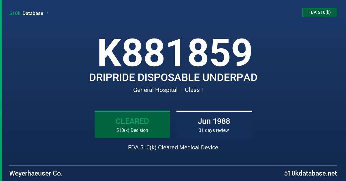 K881859 DRIPRIDE DISPOSABLE UNDERPAD FDA 510(k) Cleared Medical Device