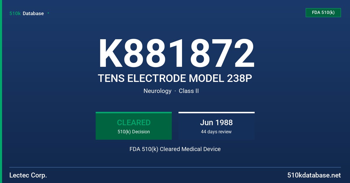 K881872 TENS ELECTRODE MODEL 238P FDA 510(k) Cleared Medical Device