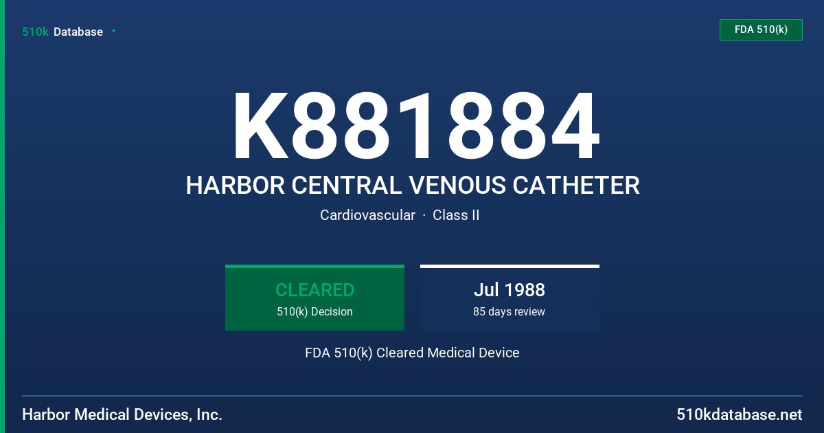 K881884 HARBOR CENTRAL VENOUS CATHETER FDA 510(k) Cleared Medical Device