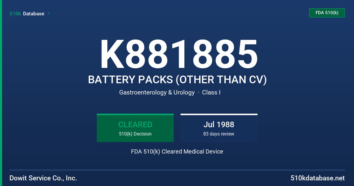 K881885 BATTERY PACKS (OTHER THAN CV) FDA 510(k) Cleared Medical Device