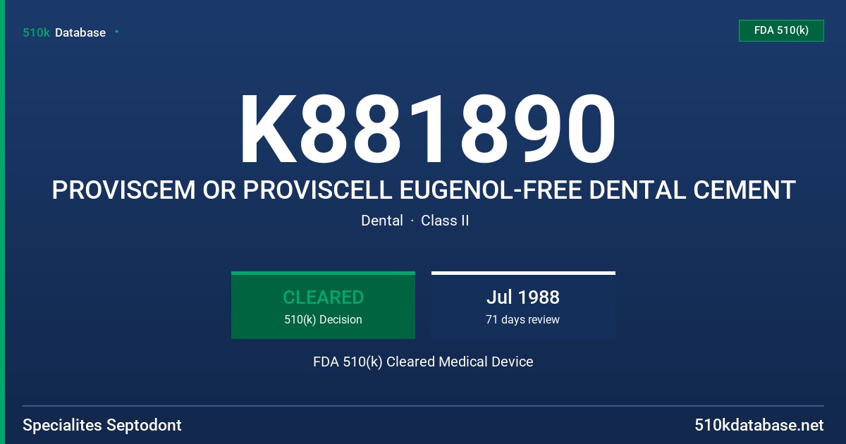 K881890 PROVISCEM OR PROVISCELL EUGENOL-FREE DENTAL CEMENT FDA 510(k) Cleared Medical Device