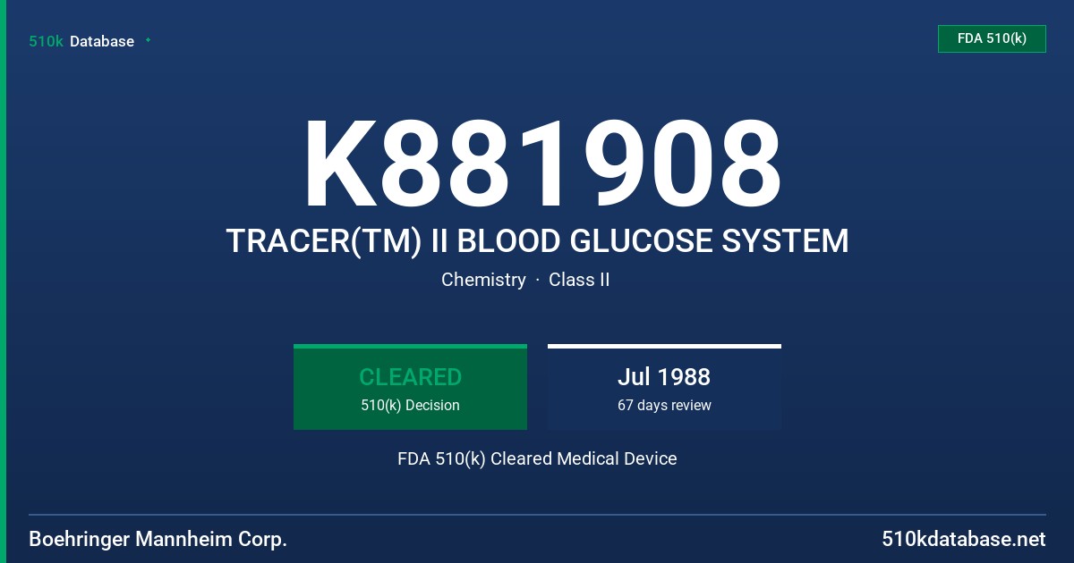 K881908 TRACER(TM) II BLOOD GLUCOSE SYSTEM FDA 510(k) Cleared Medical Device