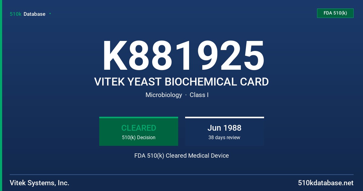 K881925 VITEK YEAST BIOCHEMICAL CARD FDA 510(k) Cleared Medical Device