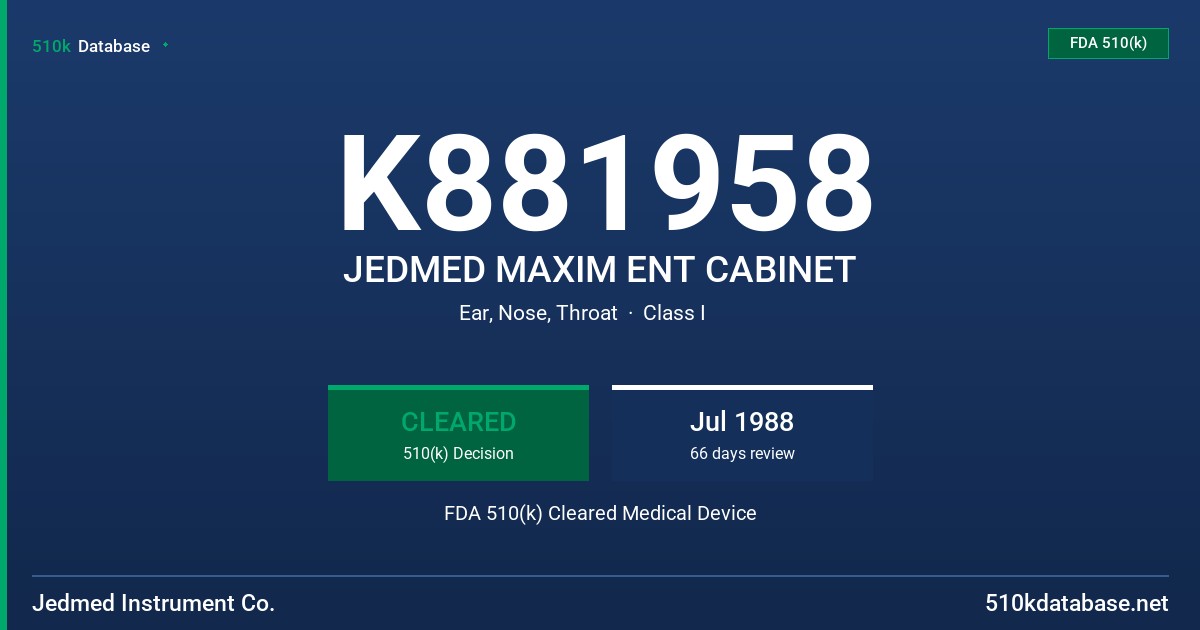 K881958 JEDMED MAXIM ENT CABINET FDA 510(k) Cleared Medical Device