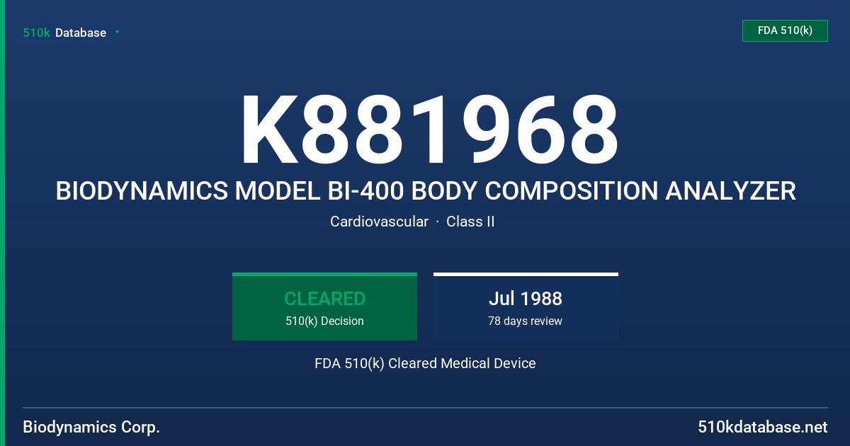 K881968 BIODYNAMICS MODEL BI-400 BODY COMPOSITION ANALYZER FDA 510(k) Cleared Medical Device
