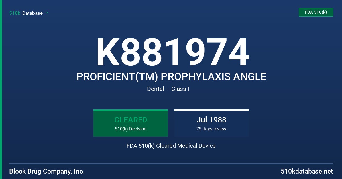 K881974 PROFICIENT(TM) PROPHYLAXIS ANGLE FDA 510(k) Cleared Medical Device