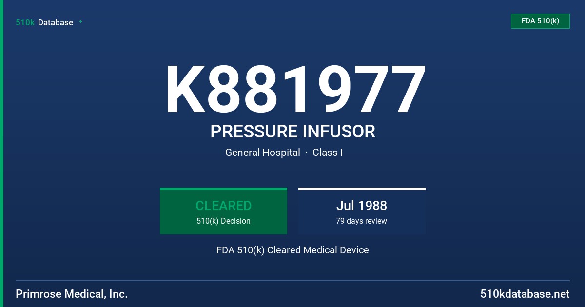 K881977 PRESSURE INFUSOR FDA 510(k) Cleared Medical Device